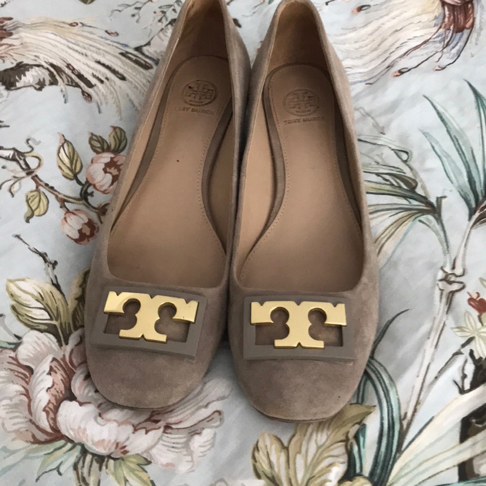 Tory Burch Taupe Suede Logo Ballet Flats with Gold Hardware